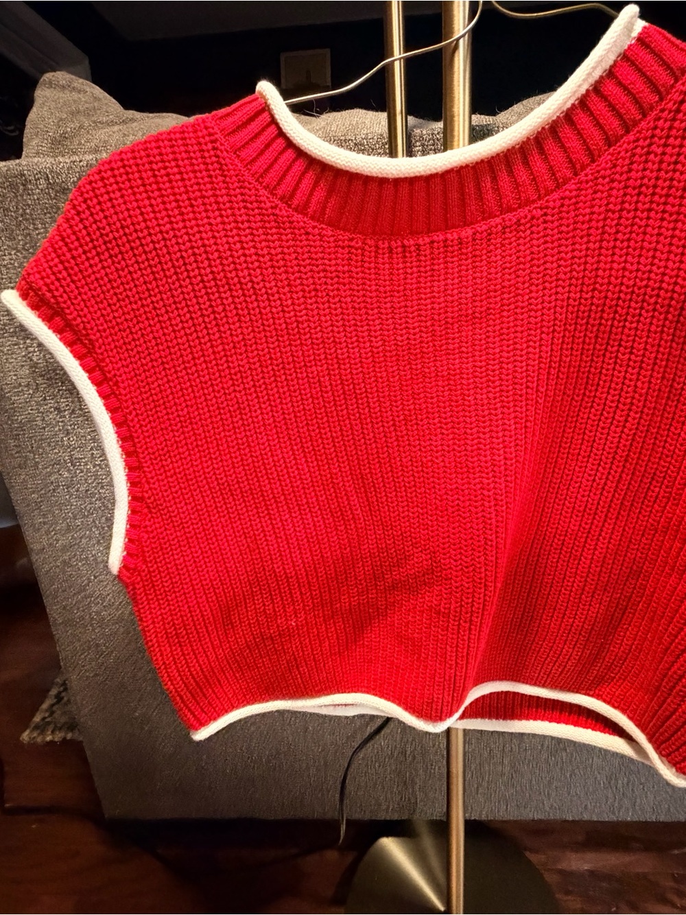 Red Sleeveless Crewneck Knit Sweater with White Trim - Picture 2 of 5